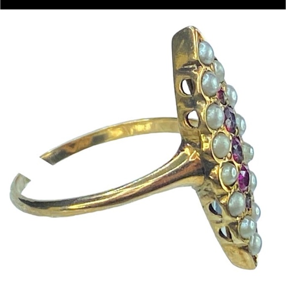 Art Deco 10K yellow gold 0.1ct Ruby Seed Pearl Navette ring ❤️ - Picture 3 of 9